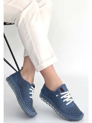 Erbilden Otja Mavi Deri Lazerli Bağcıklı Spor Ayakkabı