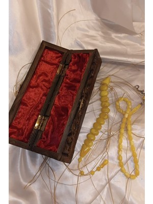 Rahan Kehribar Tespih Beyrut Damla Tesbih ve Beyrut Damla Zaza Ahşap Işlemeli Kutu