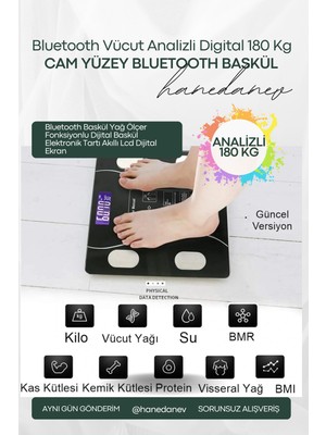 Hanedanev Bluetooth Baskül Yağ Ölçer Fonksiyonlu Dijital Baskül Elektronik Tartı Akıllı LCD Dijital Ekran