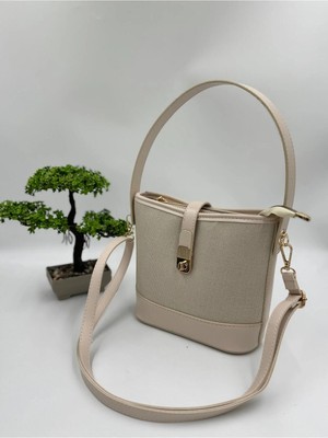 Kadın Krem Krem Hasır Omuz ve Çapraz Askılı Şık Hasır Detaylı Çanta