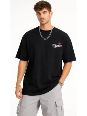 Beruflic Erkek Bisiklet Yaka Baskılı  Kısa Kollu Tişört Streetwear Günlük Basic Pamuklu T-Shirt - Siya