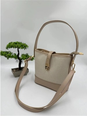 Kadın Krem Omuz ve Çapraz Askılı Şık Hasır Detaylı Çanta