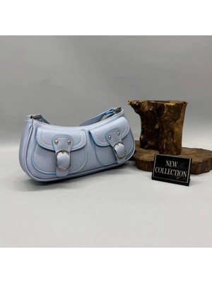 Kadın Mavi Önden Kemer Cepli Baget El Omuz Çantası