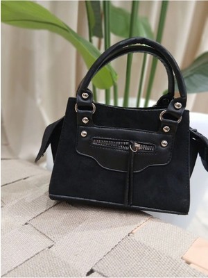 Kadın Siyah Çapraz Askılı Süet El ve Omuz Çantası