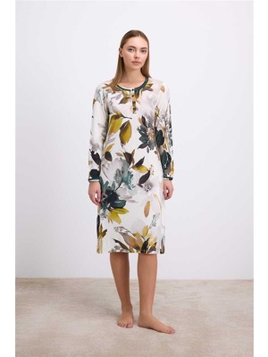 Findit Uzun Kollu Çiçek Desenli Lenzıng Viskon, Düğmeli Yaka Detaylı Gecelik