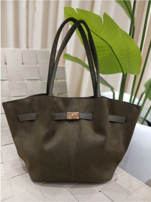 Kadın Haki Süet Suni Deri Uzun Askılı Mıknatıs Kapamalı Astarlı Omuz ve El Çantası