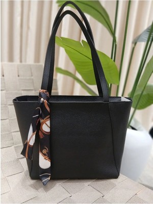 Kadın Siyah Suni Deri Fularlı Sabit Makyaj Çantalı Büyük Boy El ve Omuz Çantası