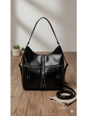 Kadın Siyah Astarlı Çok Fermuarlı 5 Bölmeli Tasarım Hobo Geniş Iç Hacimli Omuz ve El Çantası