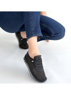 SEPET365 Otja Siyah Deri Lazerli Bağcıklı Spor Ayakkabı