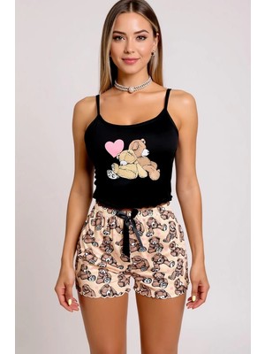 Akman Renkli Ayıcık Desenli Askılı Şortlu Kadın Pijama Takımı