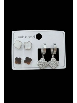 Stainless Steel Yonca Figürlü 3’lü Kadın Küpe Seti
