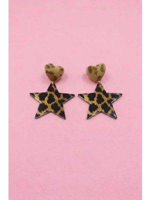 Leopar Desenli Yıldız Sallantılı Peluş Detaylı Kadın Küpe