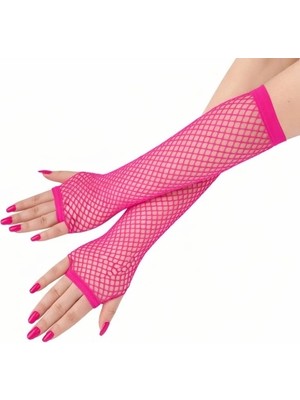 Herşeytrend 80’ler 90’lar Retro Neon Fuşya Şeker Pembesi File Parmaksız Eldiven 26 cm