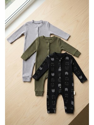 Noone 3'lü Bebek Tulum Seti - Fitilli Pamuklu Ayı Desenli ve Düz Renk Tulum Takımı