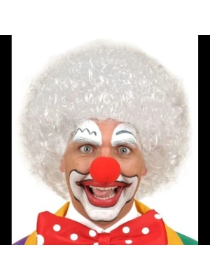 Herşeytrend Beyaz Kıvırcık Afro Peruk ve Kırmızı Sünger Burun Seti