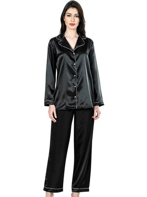 Hsc Bilişim Siyah Ikili Saten Gecelik Pijama Takımı 7647