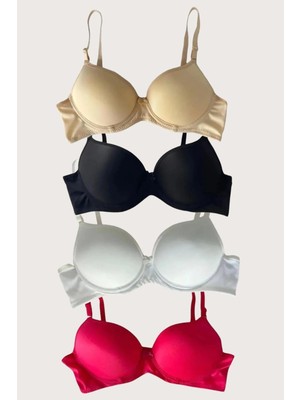 Hsc Bilişim Siyah-Beyaz-Kırmızı-Ten 4'lü Dolgulu Push Up Micro Balenli Günlük Tek Destekli Sütyen