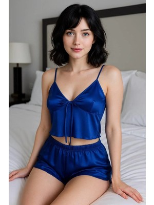 Hsc Bilişim Ince Askılı Mavi Saten Şortlu Takım