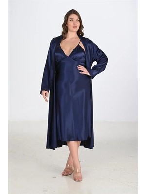 Hsc Bilişim Premium Büyük Beden Saten Lacivert Uzun 2'li Gecelik Sabahlık Takımı Bigsize