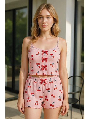Hsc Bilişim Pembe Kiraz Desenli Kurdelalı Askılı Şortlu Pijama Takımı