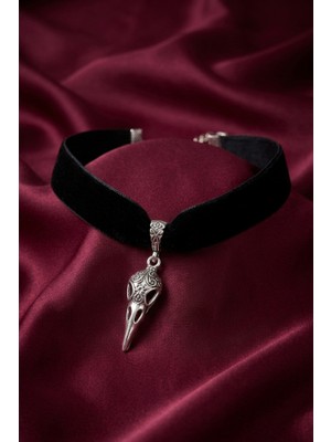 Gotik Siyah Kadife Choker Kolye - Gümüş Rengi Kuş Kafatası Detaylı Boyunluk