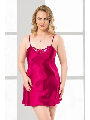 Hsc Bilişim Büyük Beden Vişne Kısa Saten Gecelik