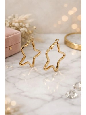 Kadın Gold Yıldız Halka Küpe – Şık ve Modern Tasarım