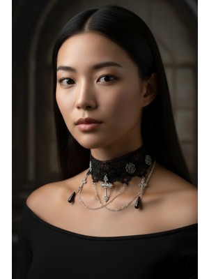 Gotik Siyah Dantel Choker Kolye -  Zincir Detaylı Victoria Tarzı Boyunluk