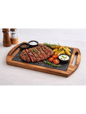 Stone Edition Ceviz Ağacı Çerçeveli Doğal Bazalt Steak Sunum Tabağı I Peynir Sunum Tabağı I Tatlı Sunum Tabağı
