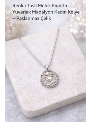 Renkli Taşlı Melek Figürlü Yuvarlak Madalyon Kadın Kolye – Paslanmaz Çelik