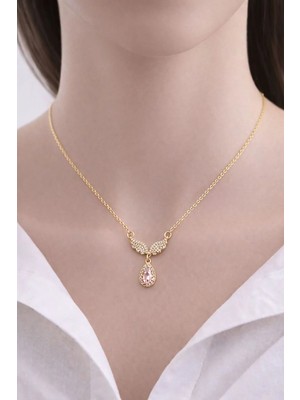 Kadın Altın Renk Melek Kanadı Pembe Taşlı Çelik Kolye