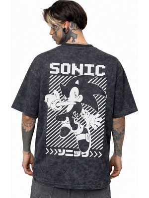 Sevbano Sonic Çizgi Film Sırt Baskılı Unisex Oversize Eskitme Yıkamalı Tişört