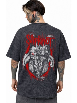 Sevbano Slipknot Rock Metal Müzik Grubu Sırt Baskılı Unisex Oversize Eskitme Yıkamalı Tişört