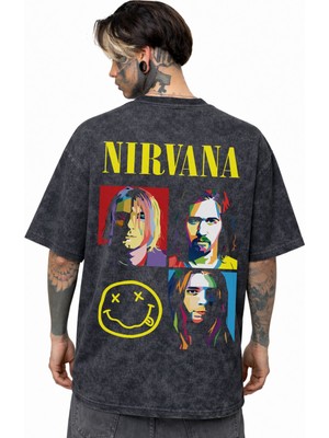 Sevbano Nirvana Rock Metal Müzik Grubu Sırt Baskılı Unisex Oversize Eskitme Yıkamalı Tişört