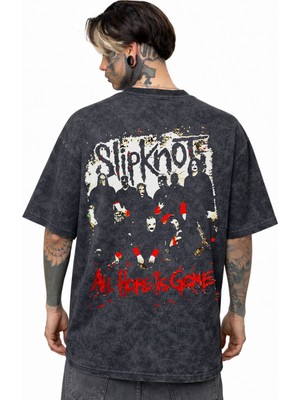 Sevbano Slipknot Rock Metal Müzik Grubu Sırt Baskılı Unisex Oversize Eskitme Yıkamalı Tişört