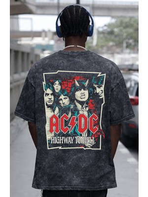 Sevbano Ac Dc Rock Metal Müzik Grubu Sırt Baskılı Unisex Oversize Eskitme Yıkamalı Tişört