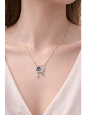 Ay Yıldız Figürlü Mavi Taşlı Zarif Kadın Kolyesi