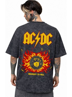 Sevbano Ac Dc Highway To Hell Rock Metal Müzik Grubu Sırt Baskılı Unisex Oversize Eskitme Yıkamalı Tişört