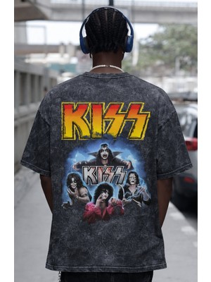 Sevbano Kiss Rock Metal Müzik Grubu Sırt Baskılı Unisex Oversize Eskitme Yıkamalı Tişört