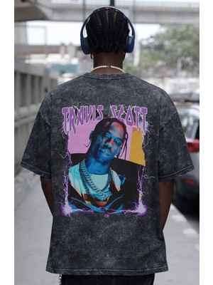 Sevbano Travis Scott Rapper Şarkıcı Sırt Baskılı Unisex Oversize Eskitme Yıkamalı Tişört