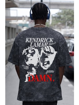 Sevbano Tasarım Kendrick Lamar Damn Rapper Şarkıcı Baskılı Unisex Oversize Eskitme Yıkamalı Tişört