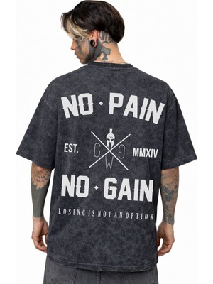 Sevbano Tasarım No Pain No Gain Sporcu Gym Fitness Sırt Baskılı Unisex Oversize Eskitme Yıkamalı Tişört