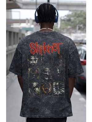 Sevbano Slipknot Rock Metal Müzik Grubu Sırt Baskılı Unisex Oversize Eskitme Yıkamalı Tişört