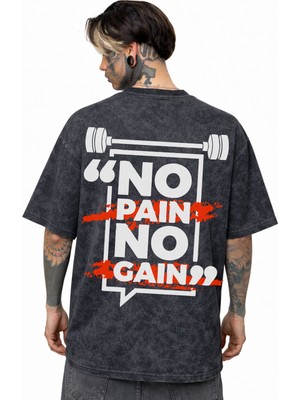 Sevbano No Pain No Gain Yazılı Sporcu Gym Fitness Sırt Baskılı Unisex Oversize Eskitme Yıkamalı Tişört