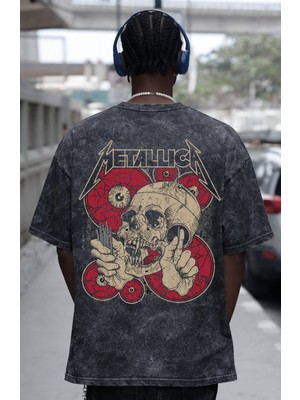 Sevbano Tasarım Metallica Rock Metal Müzik Grubu Sırt Baskılı Unisex Oversize Eskitme Yıkamalı Tişört