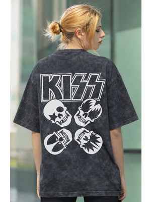 Sevbano Kiss Rock Metal Müzik Grubu Sırt Baskılı Unisex Oversize Eskitme Yıkamalı Tişört