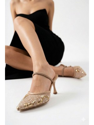 Nmoda Işıltılı Payetli Kadın Terlik Sivri Burun Ince Topuk Şık Davet Abiye Ayakkabı Model