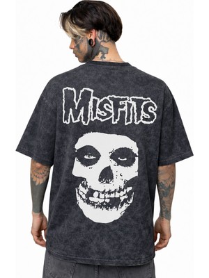 Sevbano Misfits Rock Metal Müzik Grubu Sırt Baskılı Unisex Oversize Eskitme Yıkamalı Tişört