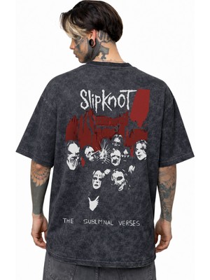 Sevbano Slipknot Rock Metal Müzik Grubu Sırt Baskılı Unisex Oversize Eskitme Yıkamalı Tişört