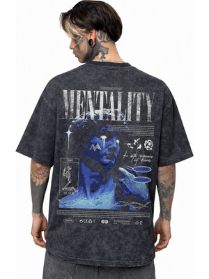Sevbano Tasarım Mentality Sırt Baskılı Unisex Oversize Eskitme Yıkamalı Tişört